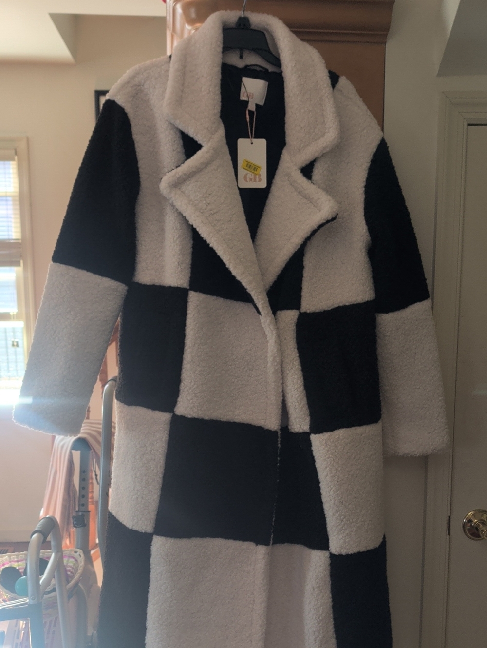 GBG Los Angeles Black & White Checkerboard Teddy Coat - Longline Notch Collar